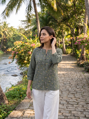 Olive Green Multicolor Leaf-Motif Embroidered Split-Neck Top