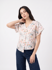 Soft Petal Watercolor V-Neck Button Top