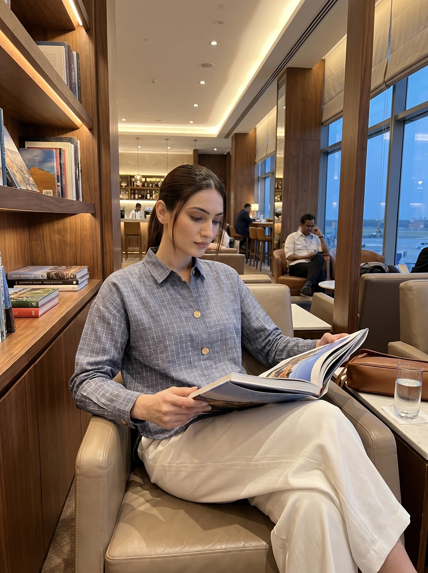 A refined slate blue shirt top featuring a fine white windowpane check for a clean and contemporary look
