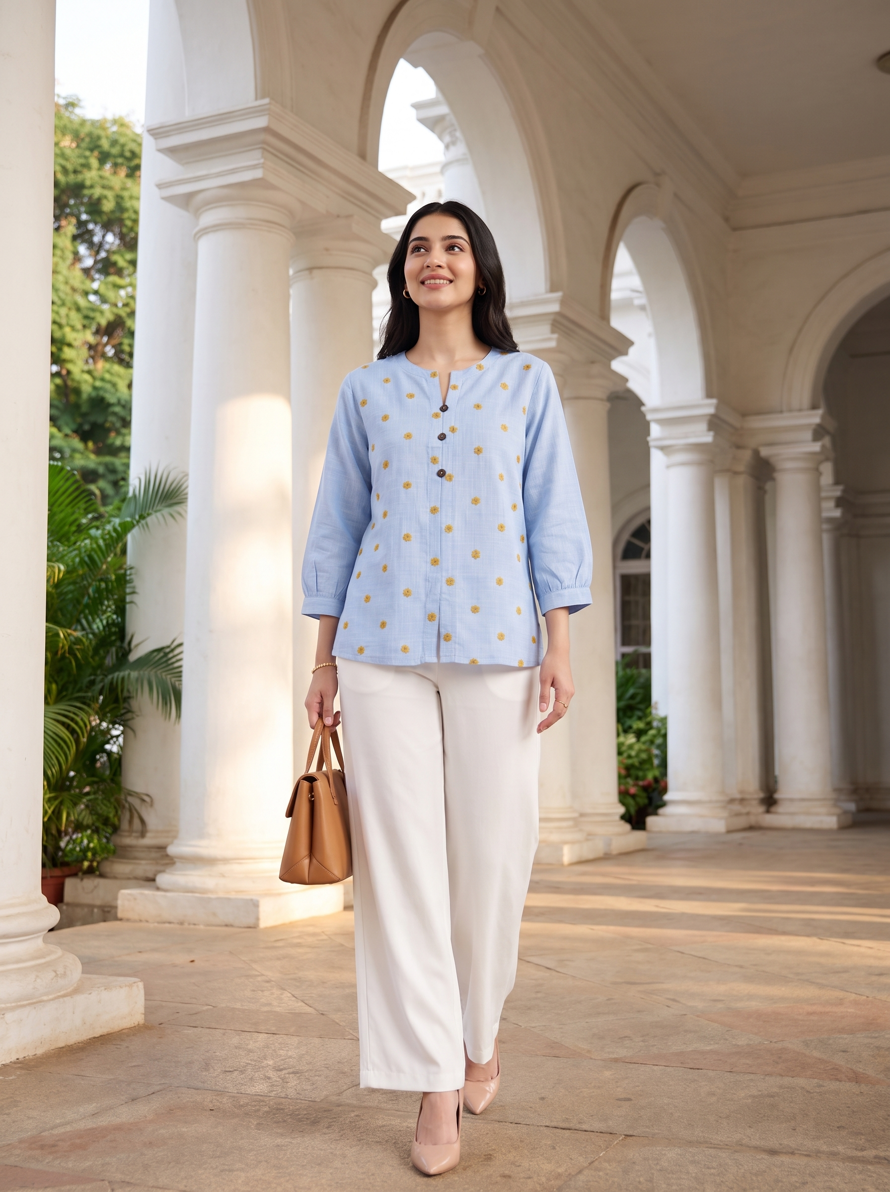 A woman walking in a colonnade wearing a light blue long-sleeve top with small yellow floral prints and white wide-leg pants, holding a brown handbag.