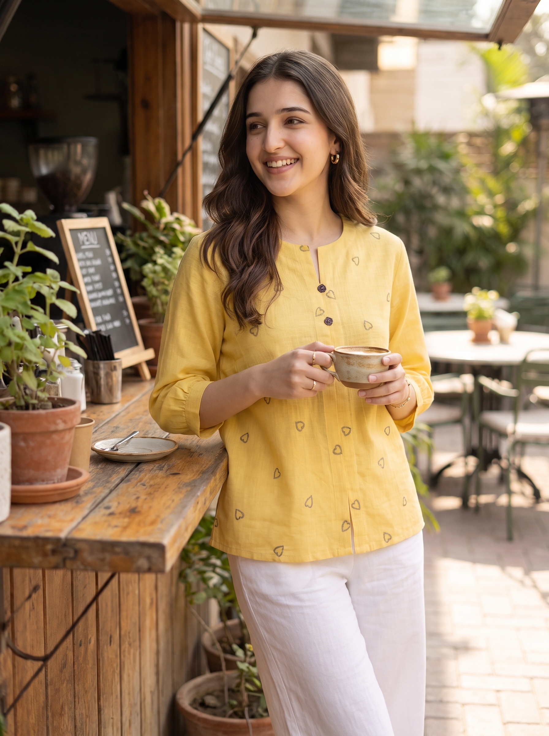 A woman stands at an outdoor cafe counter wearing a mustard yellow printed kurta and white pants, holding a cup of coffee.