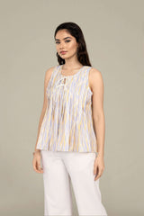 Multi Color Sleeveless Round Neck Pleated Top