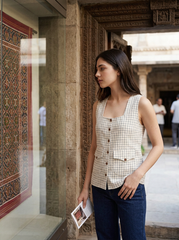 Off White Grid Check Sleeveless Button-Front Top