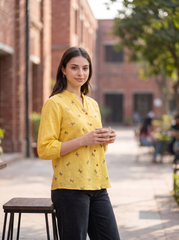 Bright and cheerful, this sunshine yellow top features delicate olive bow-motif embroidery scattered across the front. The split neckline, button-front detailing, and 3/4 gathered sleeves create a neat yet relaxed look.