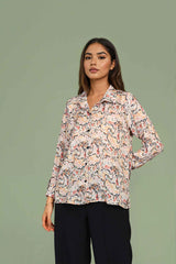 Beige Satin Abstract Print Long Sleeve Shirt for Women Party-Ready Style