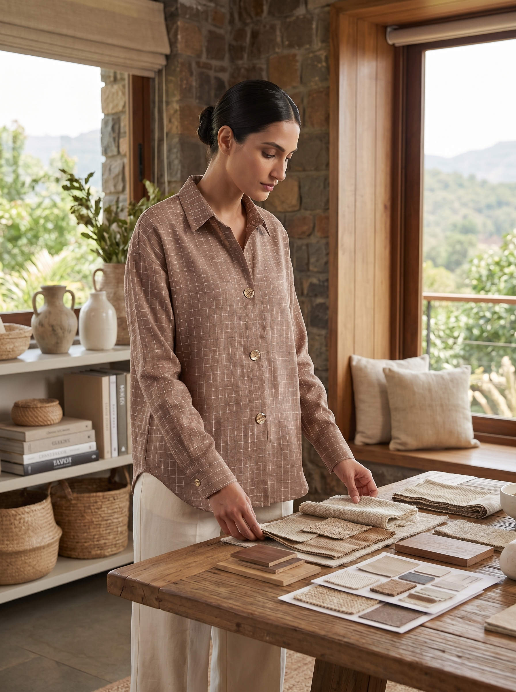 A refined mocha taupe shirt top featuring a subtle windowpane check pattern for a smart, modern look. The classic collar and gold-tone statement buttons add a polished touch, while the relaxed silhouette keeps it comfortable and easy to wear