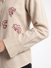 Beige Hand-Embroidered Floral Button-Down Shirt Top