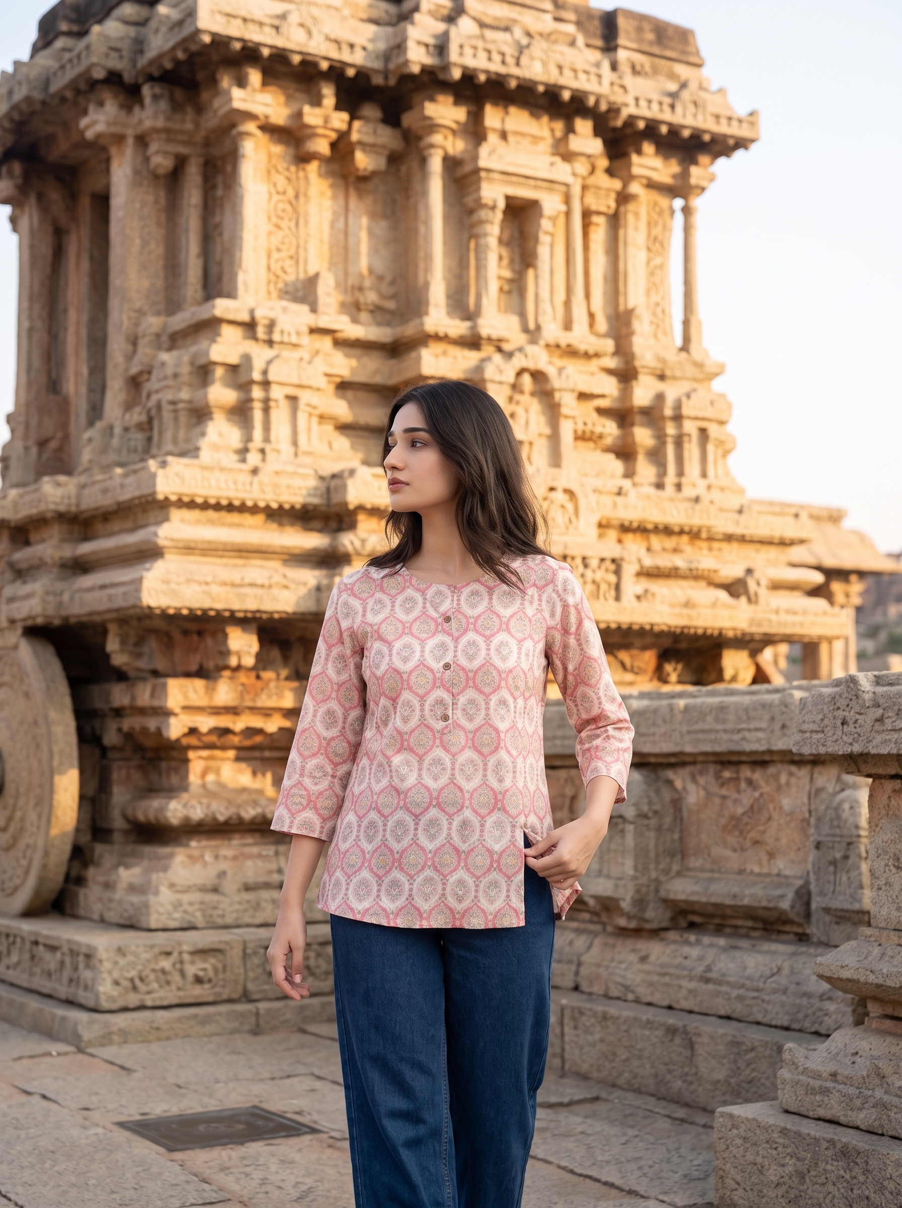 A stylish off-white top featuring soft pink ethnic-inspired motifs for a fresh everyday look