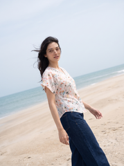 Soft Petal Watercolor V-Neck Button Top