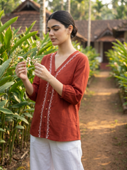 Orange Embroidered V-Neck Button Top