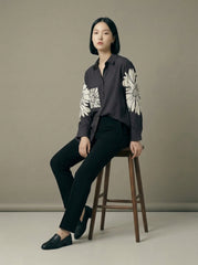 Grey Floral Graphic Button-Down Shirt Top