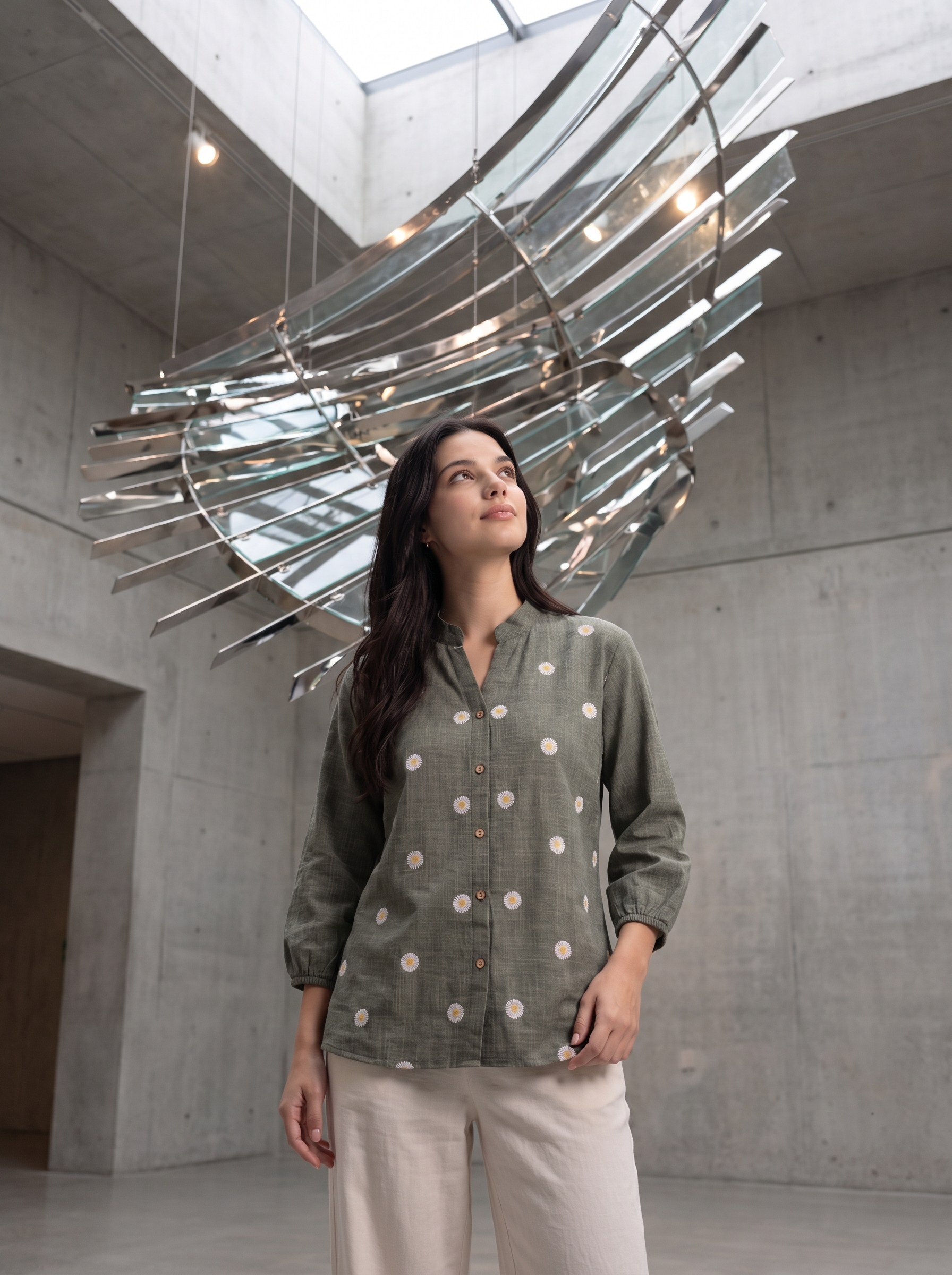 A woman wearing a sage green linen button-up shirt with white polka dots and beige pants, standing in a modern concrete building under a large metallic curved sculpture.