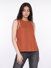 Terracotta Vine Embroidered Pleated Sleeveless Top