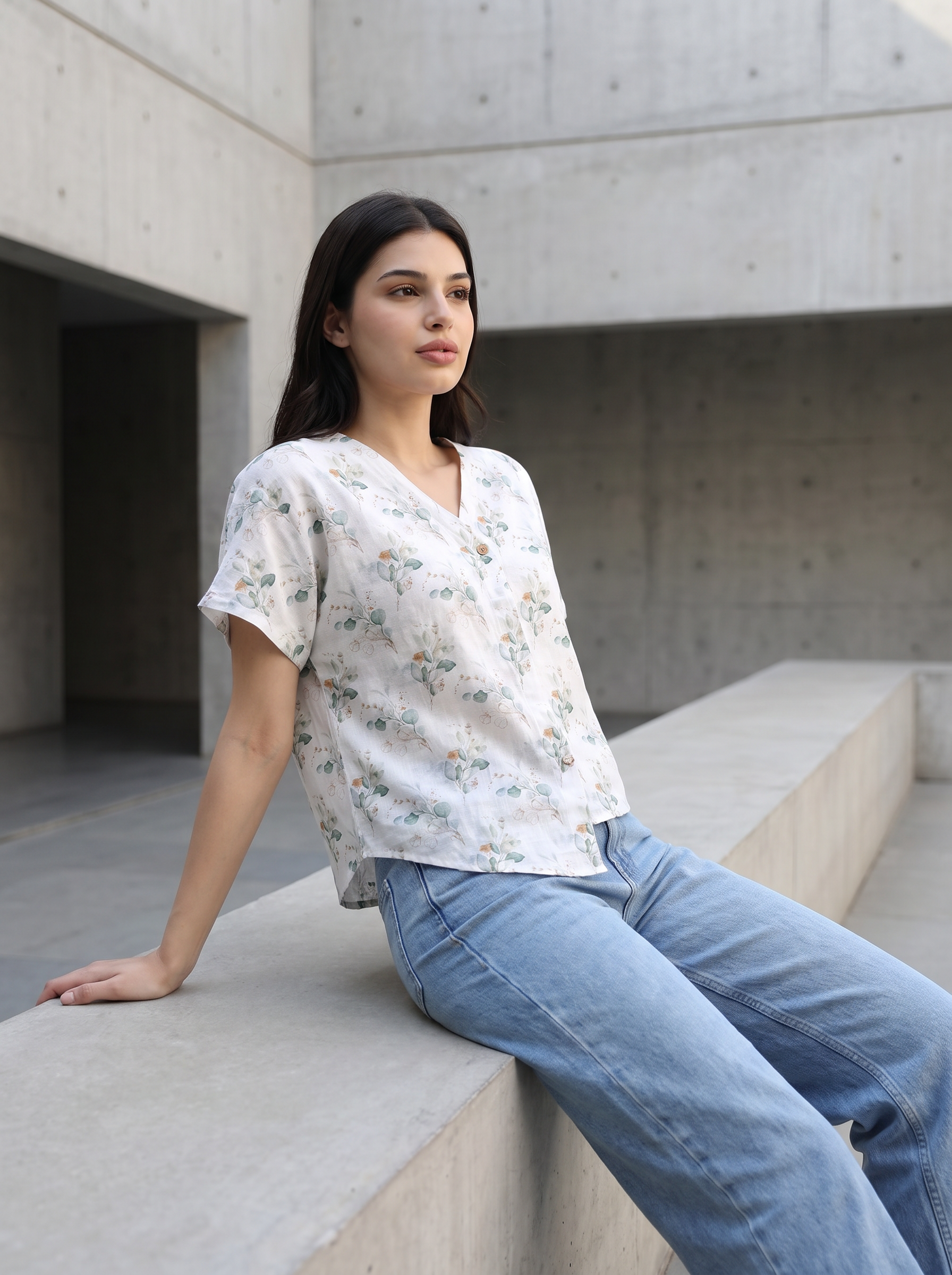 A woman wearing a white short-sleeve V-neck blouse with a delicate blue and green floral pattern, paired with light-wash blue jeans, sitting on a concrete ledge in a modern architectural setting.
