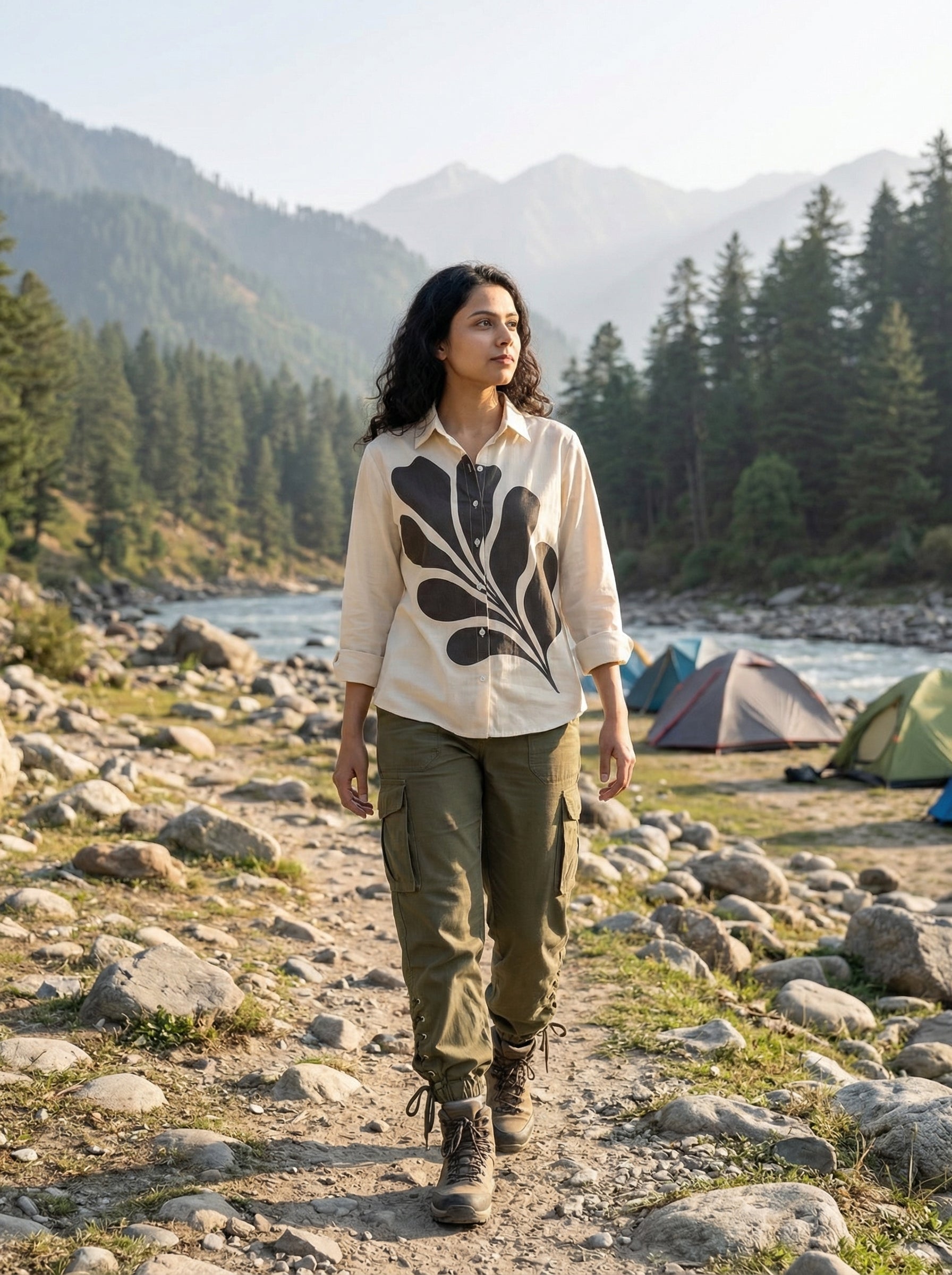 A woman modeling a cream-colored long-sleeve button-up shirt with a large black abstract leaf pattern on the front, paired with dark gray trousers, set against a textured beige background.