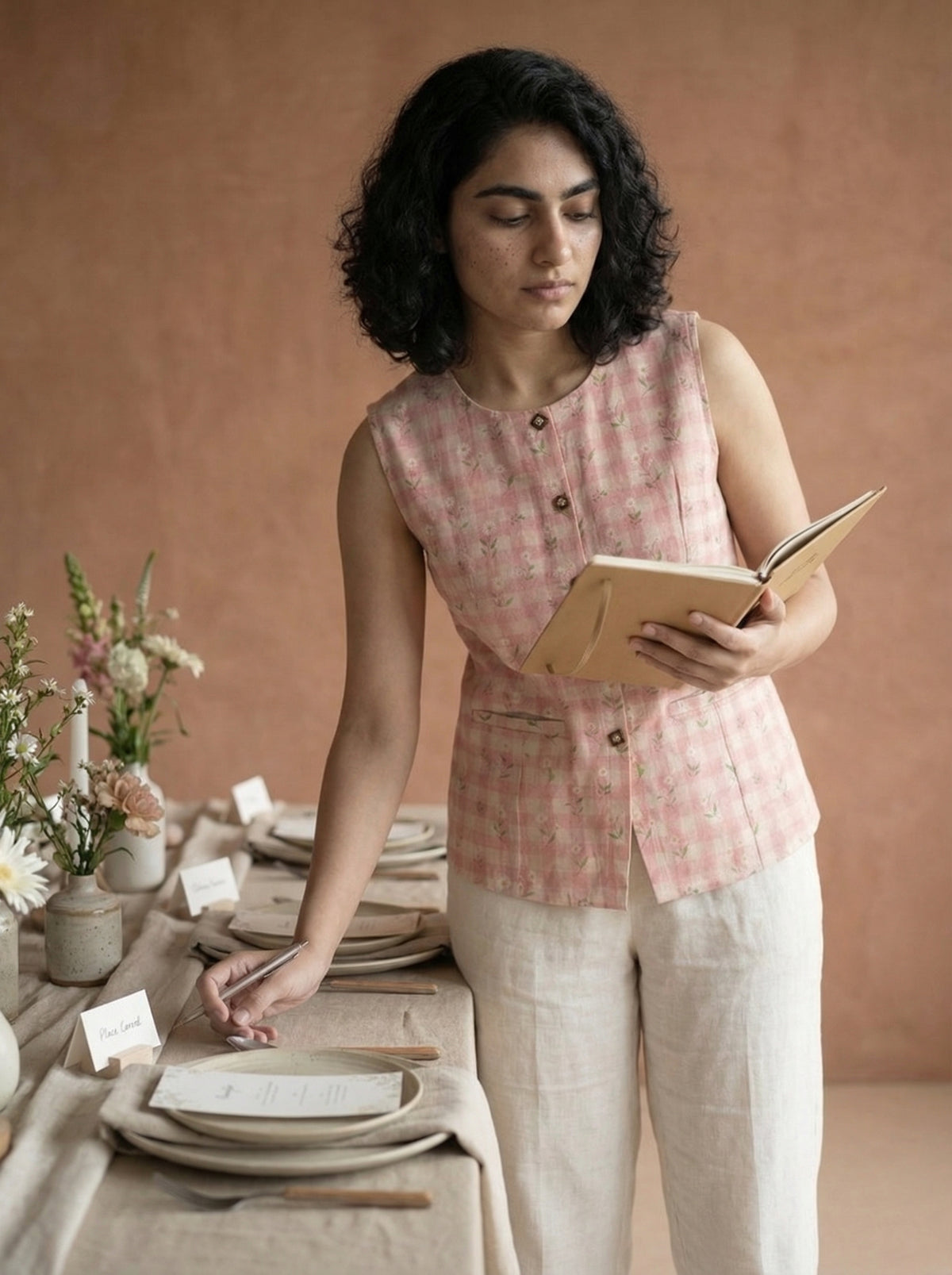 Pink Khadi Cotton Floral Check Sleeveless Button Down Top for Women