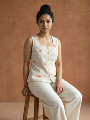Beige Khadi Cotton Floral Sleeveless Button Down Top for Women