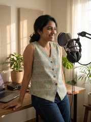 Blue Checkered Khadi Cotton Sleeveless Button Front Top for Women
