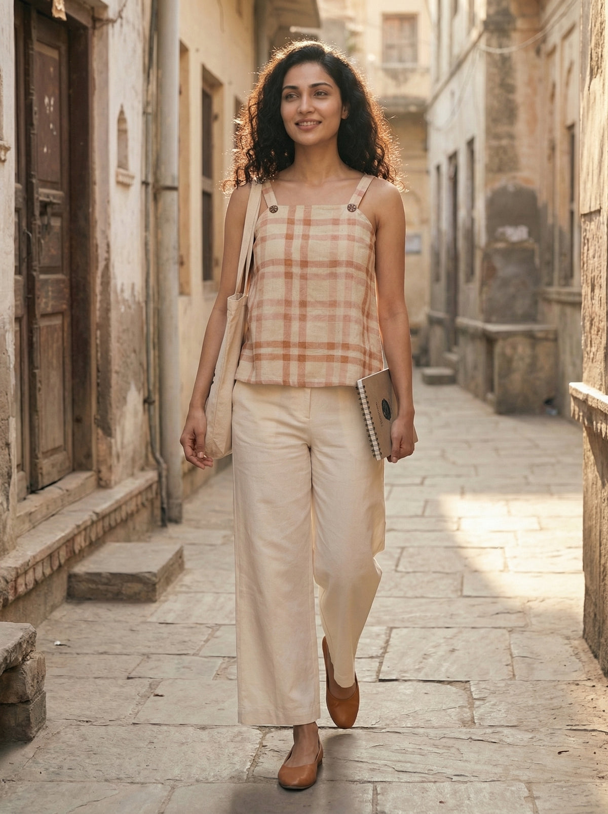 Beige Khadi Cotton Checkered Smocked Strap Top for Women