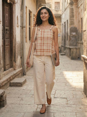 Beige Khadi Cotton Checkered Smocked Strap Top for Women