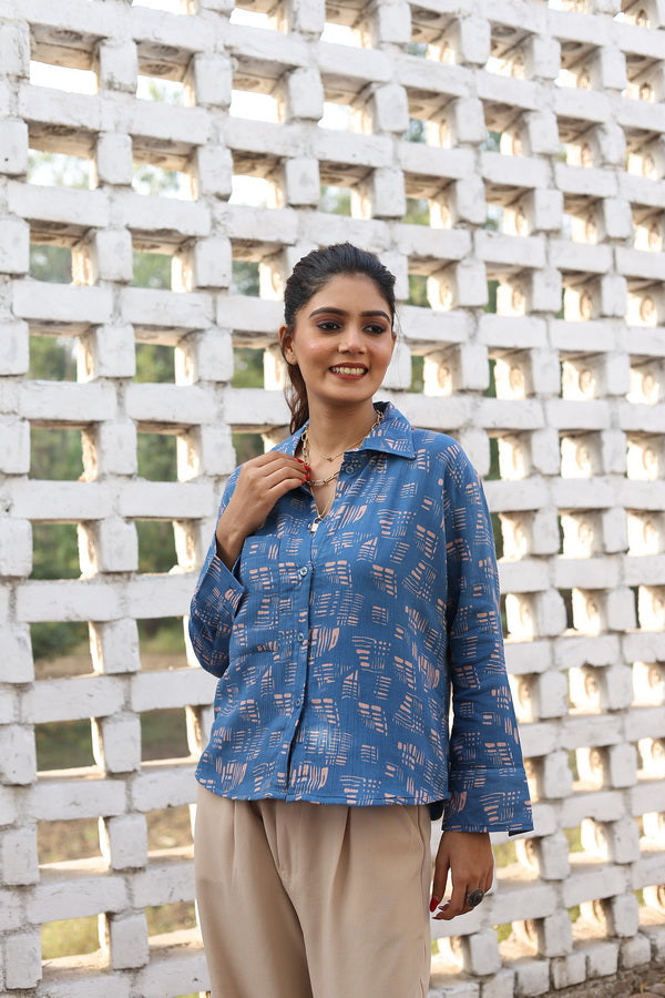 Blue Geometric Cotton Shirt Trendy Collar Design for Women