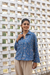 Blue Geometric Cotton Shirt Trendy Collar Design for Women