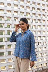 Blue Geometric Cotton Shirt Trendy Collar Design for Women