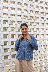 Blue Geometric Cotton Shirt Trendy Collar Design for Women