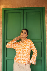 Orange Abstract Cotton Shirt - Modern Collar Neck Style for Ladies