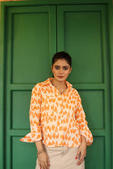 Orange Abstract Cotton Shirt - Modern Collar Neck Style for Ladies