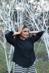 Black Solid Cotton Shirt - Stylish Puff Sleeve & Collar Neck Design