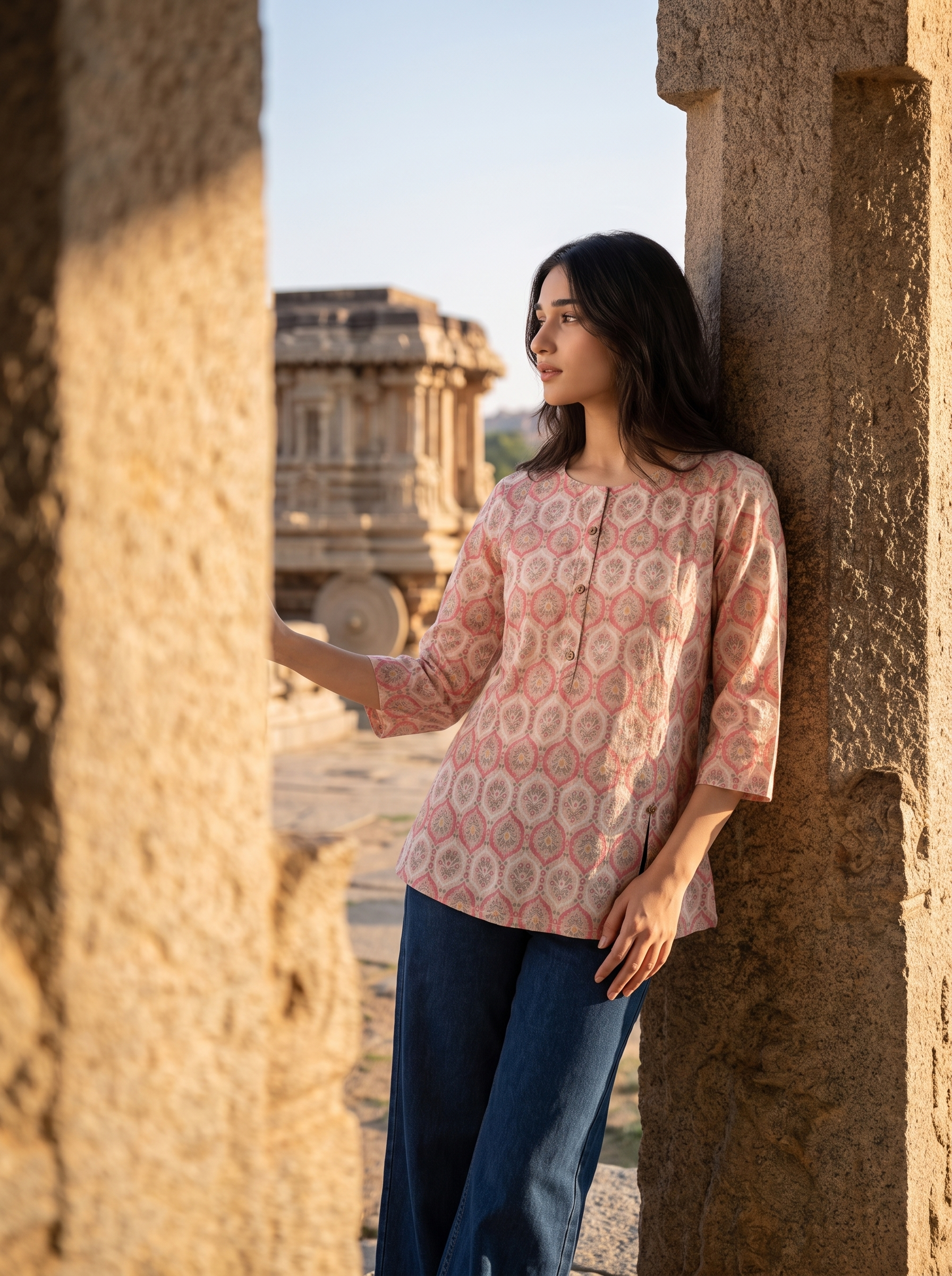 A stylish off-white top featuring soft pink ethnic-inspired motifs for a fresh everyday look