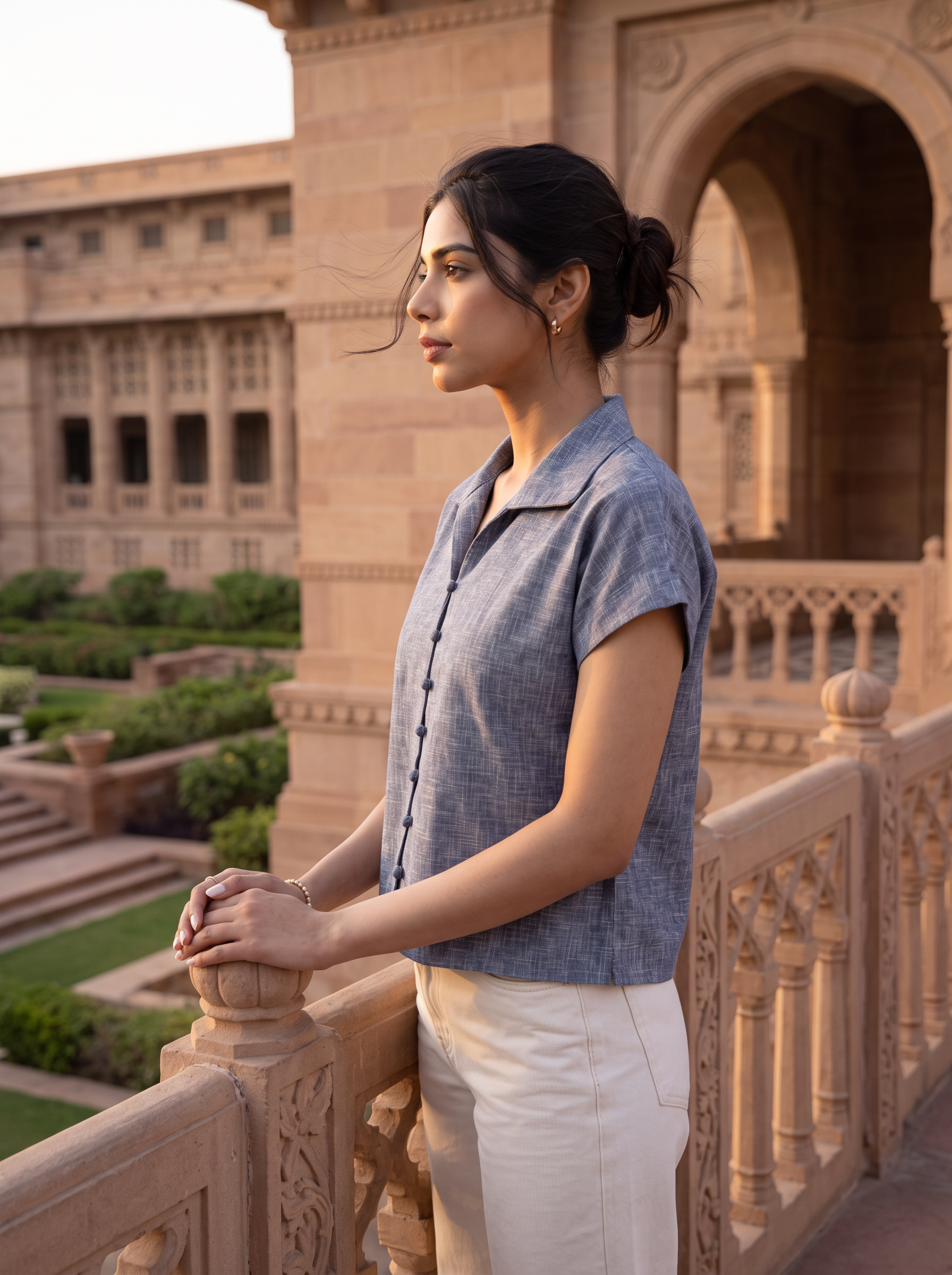 A woman stands in profile on a stone balcony wearing a short-sleeve textured blue button-up shirt and cream trousers, with a large sandstone building and manicured gardens in the background.
