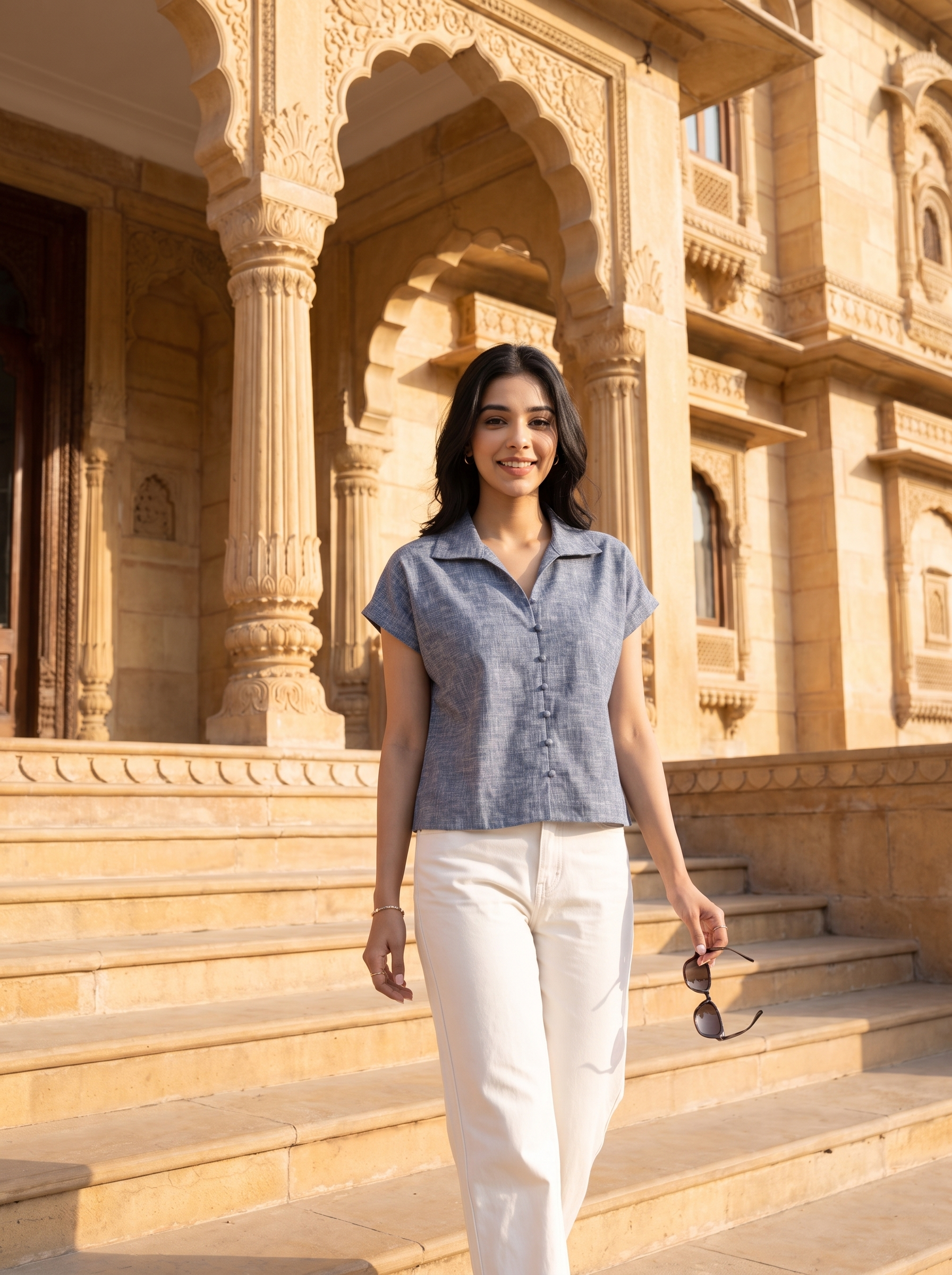 A woman stands on stone steps in front of an ornate beige sandstone building, wearing a short-sleeve button-front collared shirt in a textured blue-gray fabric with white pants, holding sunglasses.