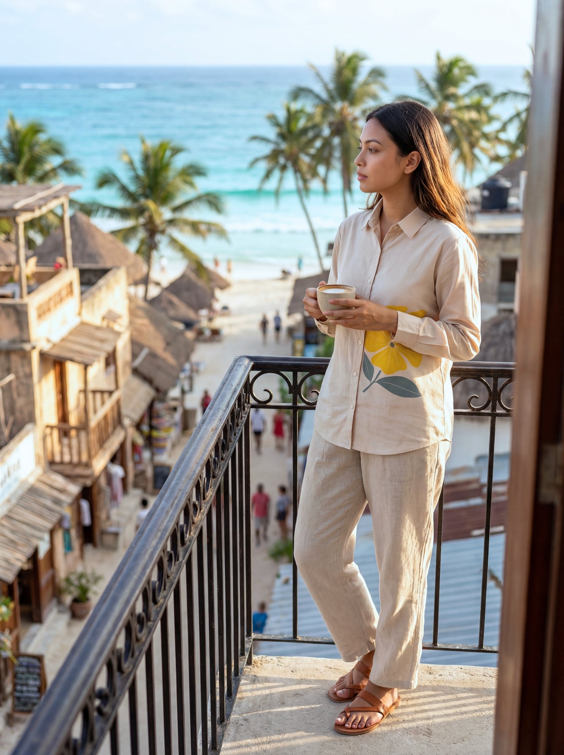 A woman stands on a balcony overlooking a beach and coastal town, wearing a light beige linen pajama set with a yellow lemon graphic on the shirt. She holds a white mug in her hands, with palm trees and the blue ocean in the background.