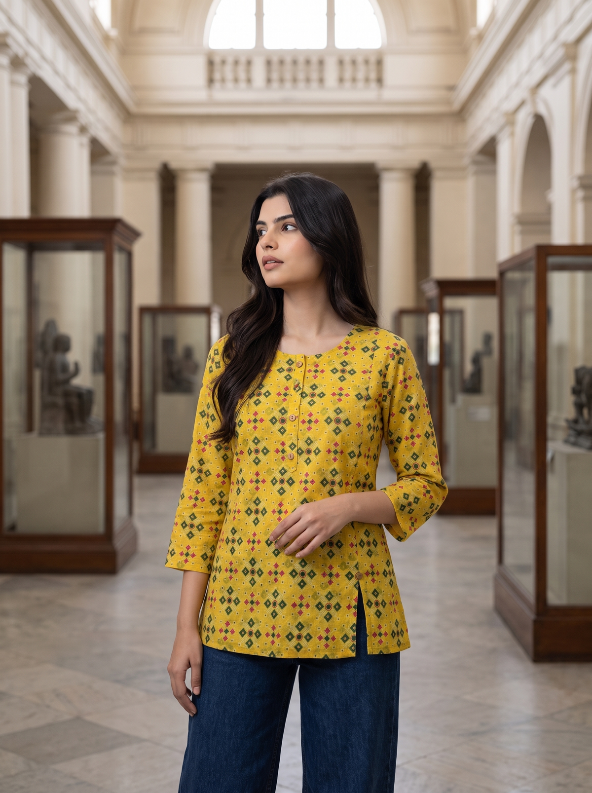 A woman stands in a grand museum or gallery wearing a yellow three-quarter sleeve kurta with a black and red geometric pattern, paired with dark blue jeans.