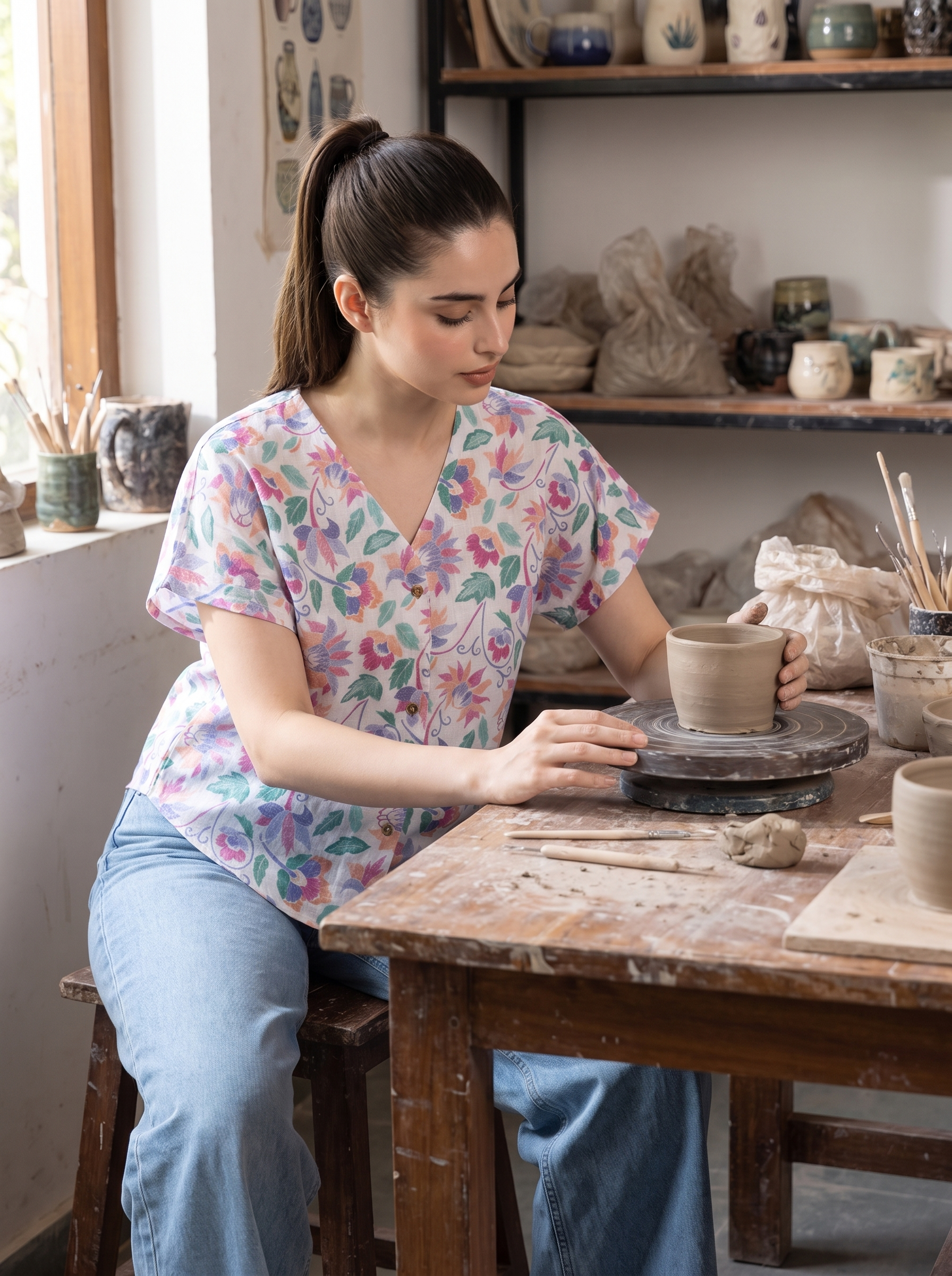 A woman in a pottery studio wearing a floral print scrub top and blue jeans, working at a pottery wheel to shape a clay pot.