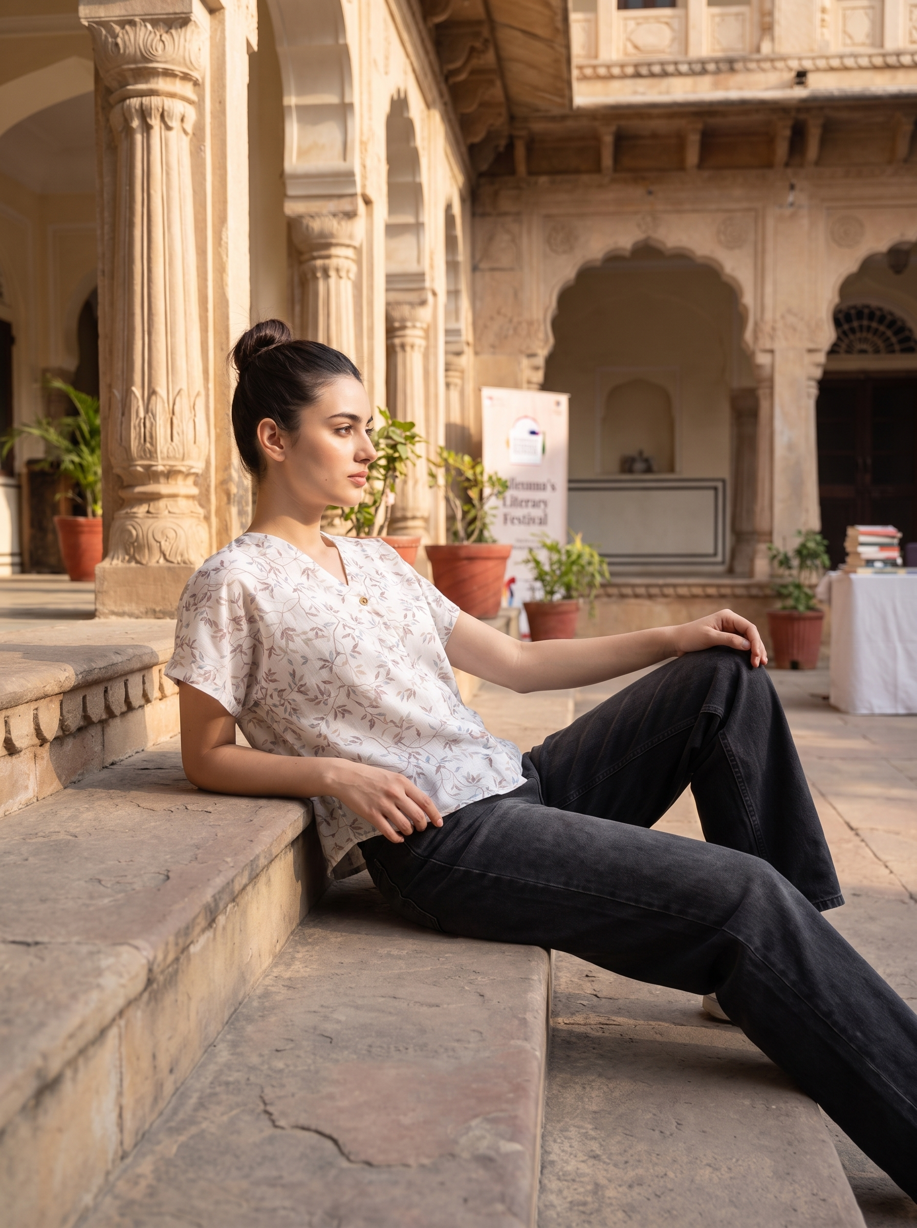 A woman sits on stone steps in an outdoor courtyard, wearing a light beige short-sleeve top with a subtle floral pattern and dark charcoal gray wide-leg jeans.