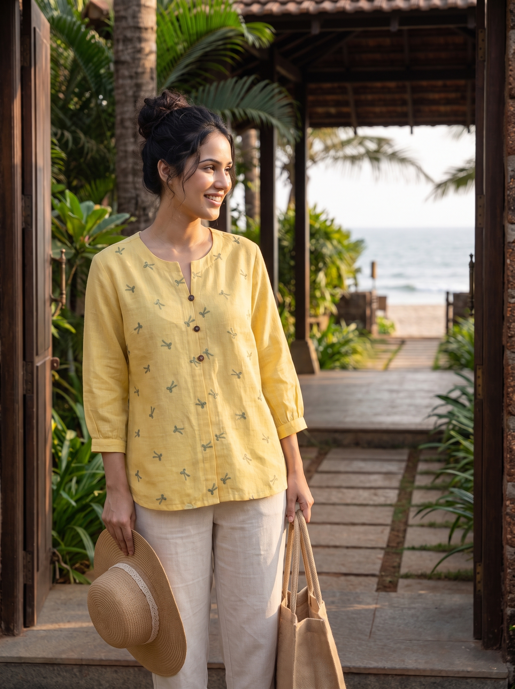 A woman wearing a light yellow linen tunic top with small green floral embroidery and white pants, standing in a tropical beach resort setting and holding a straw hat and a beige tote bag.