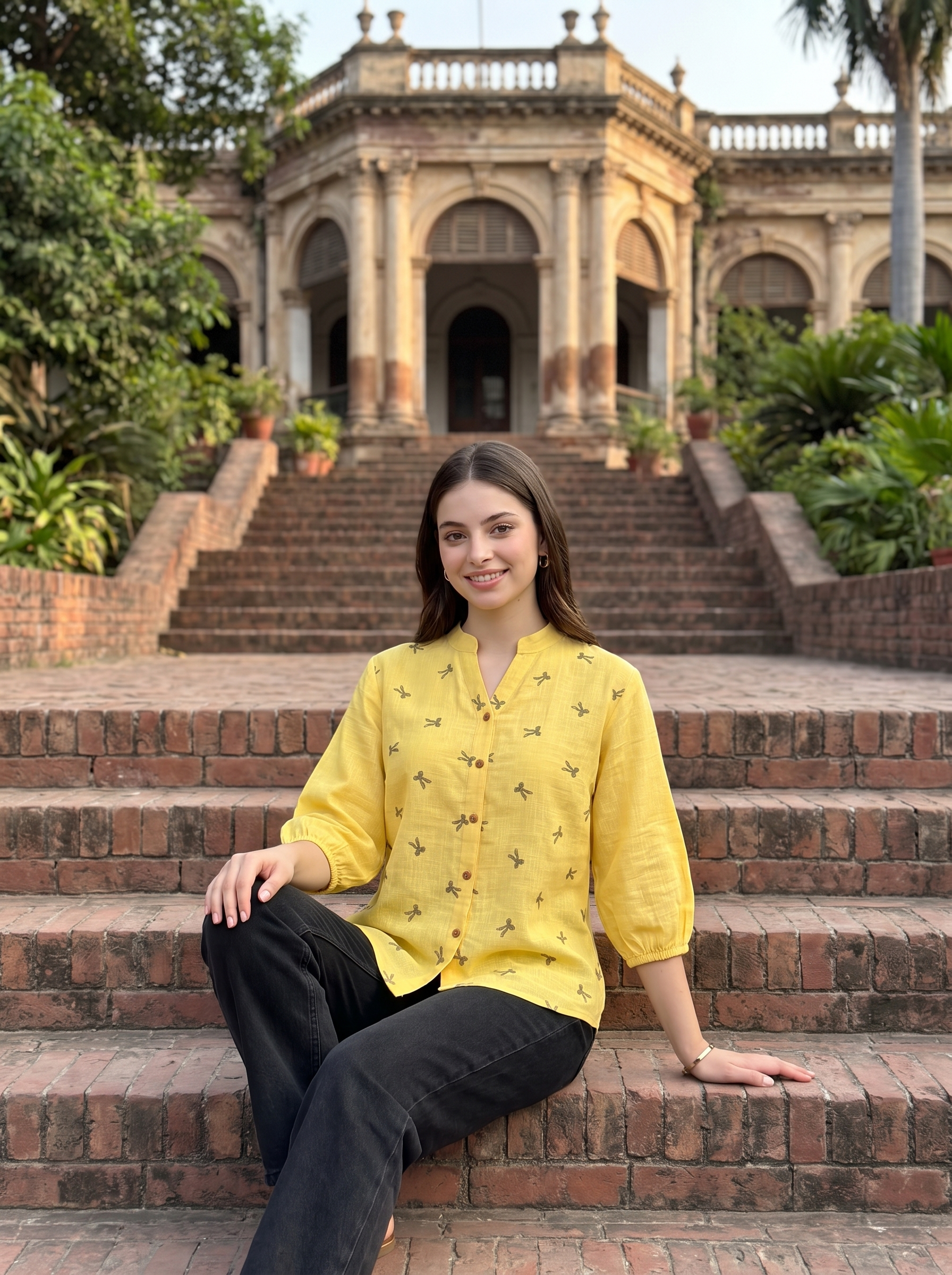 Bright and cheerful, this sunshine yellow top features delicate olive bow-motif embroidery scattered across the front. The split neckline, button-front detailing, and 3/4 gathered sleeves create a neat yet relaxed look.
