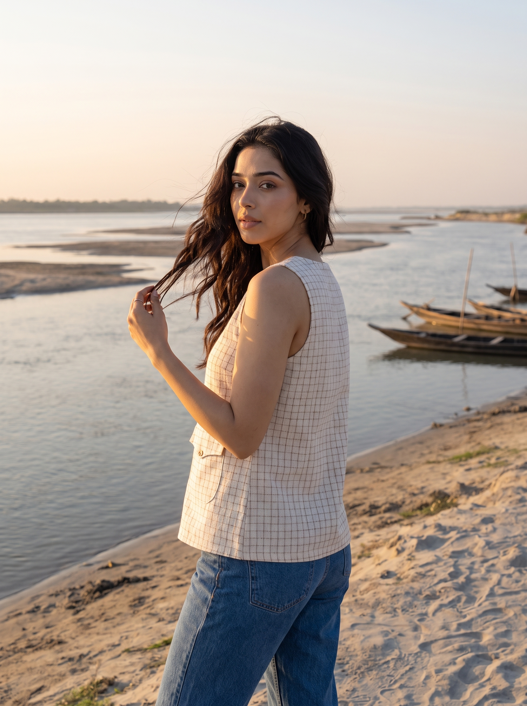 A woman stands on a sandy riverbank at sunset, wearing a sleeveless beige-and-white checkered top and blue jeans, with water and boats in the background.