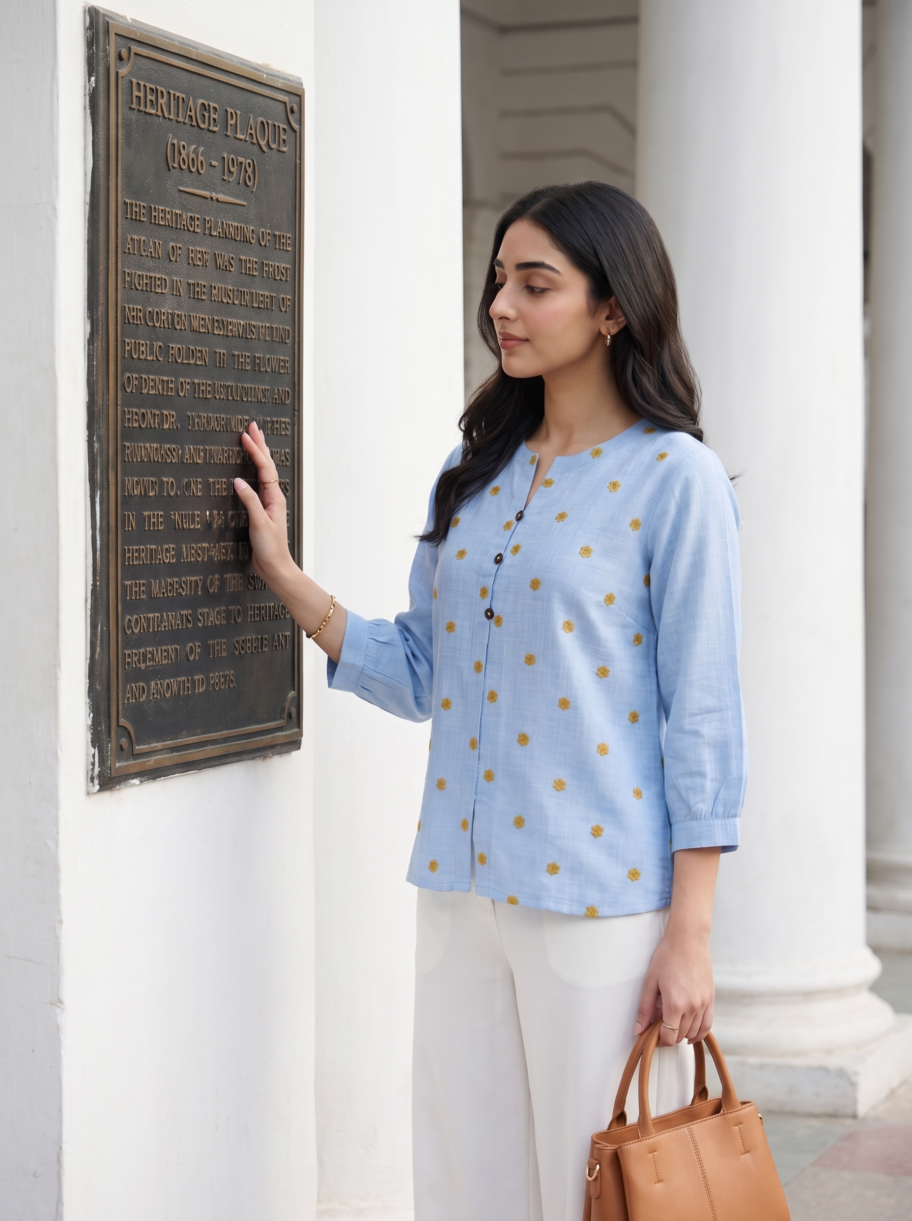 A woman stands outdoors beside a bronze heritage plaque, wearing a light blue three-quarter sleeve top with small gold polka dots and white pants, holding a tan handbag.
