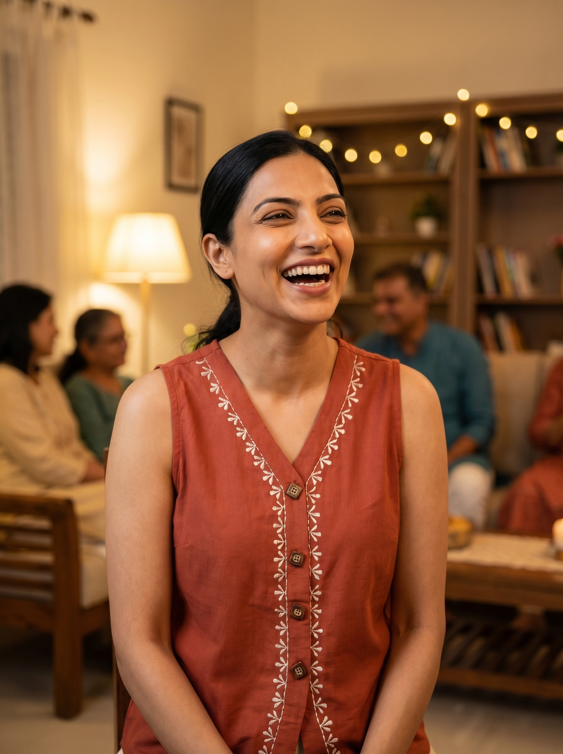 A stylish rust red sleeveless top featuring delicate off-white leaf vine embroidery along the V-neckline and front placket for a refined handcrafted look.