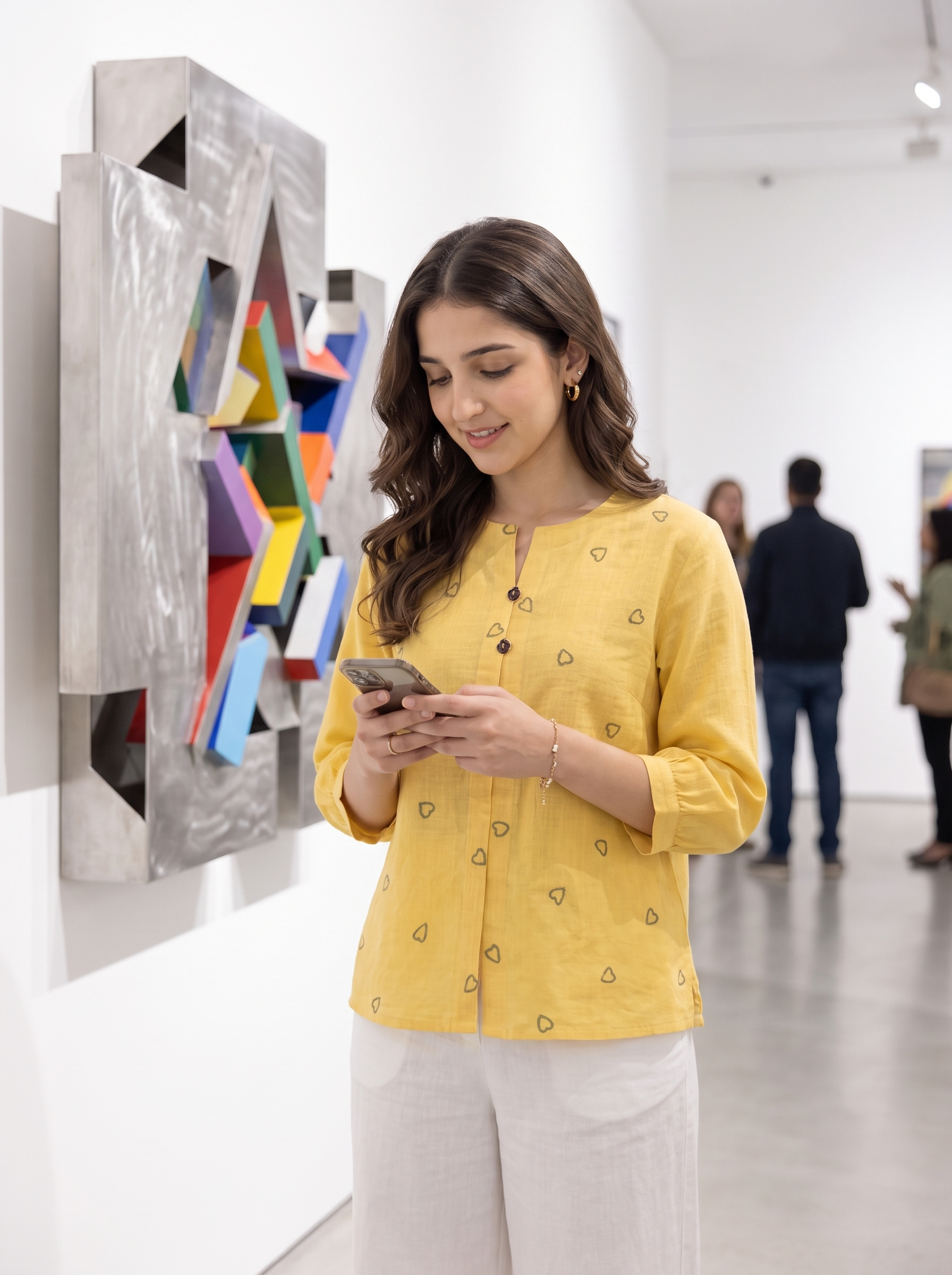 A woman in a yellow embroidered kurta and white trousers stands in a gallery, looking down at her phone. A large abstract geometric wall sculpture is mounted on the white wall behind her.