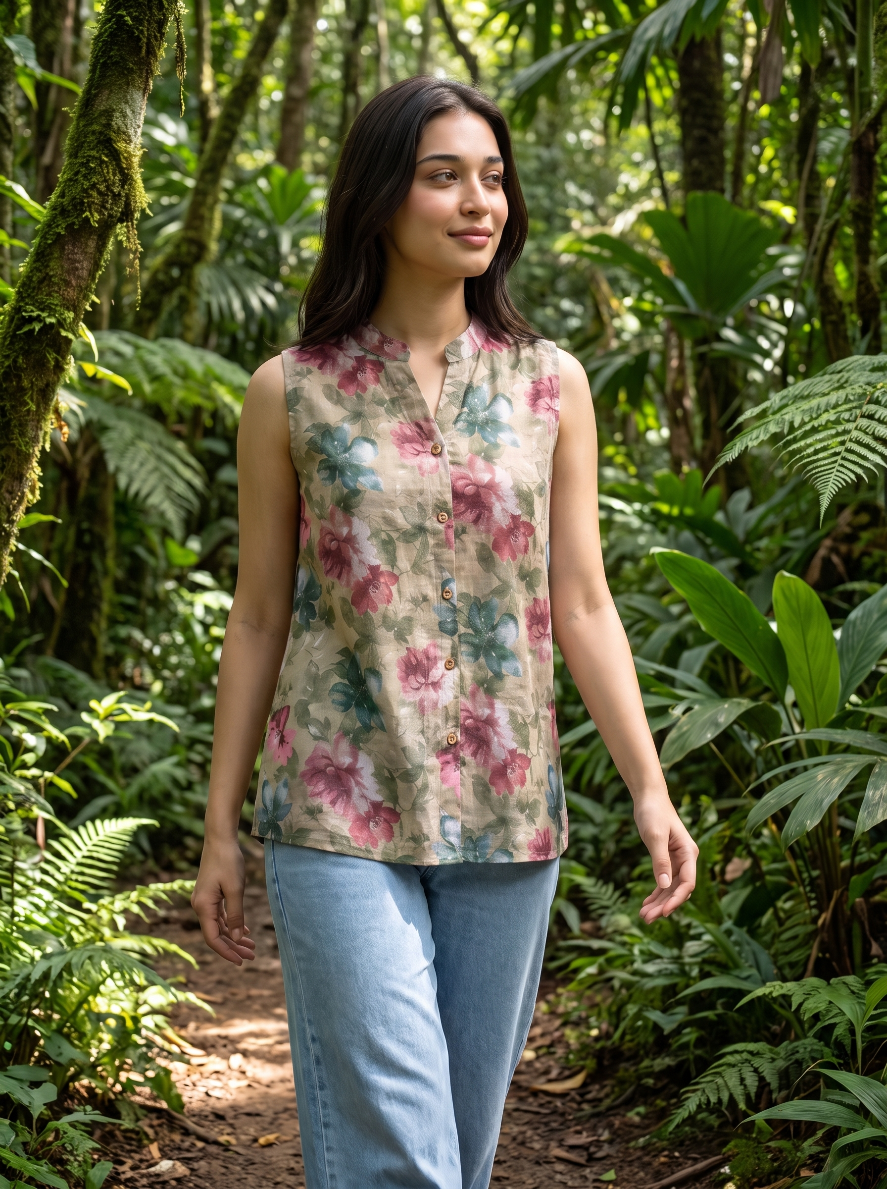 A woman wearing a sleeveless beige button-up blouse with a pink and blue floral print, paired with light blue jeans, walking along a forest path surrounded by lush green foliage.
