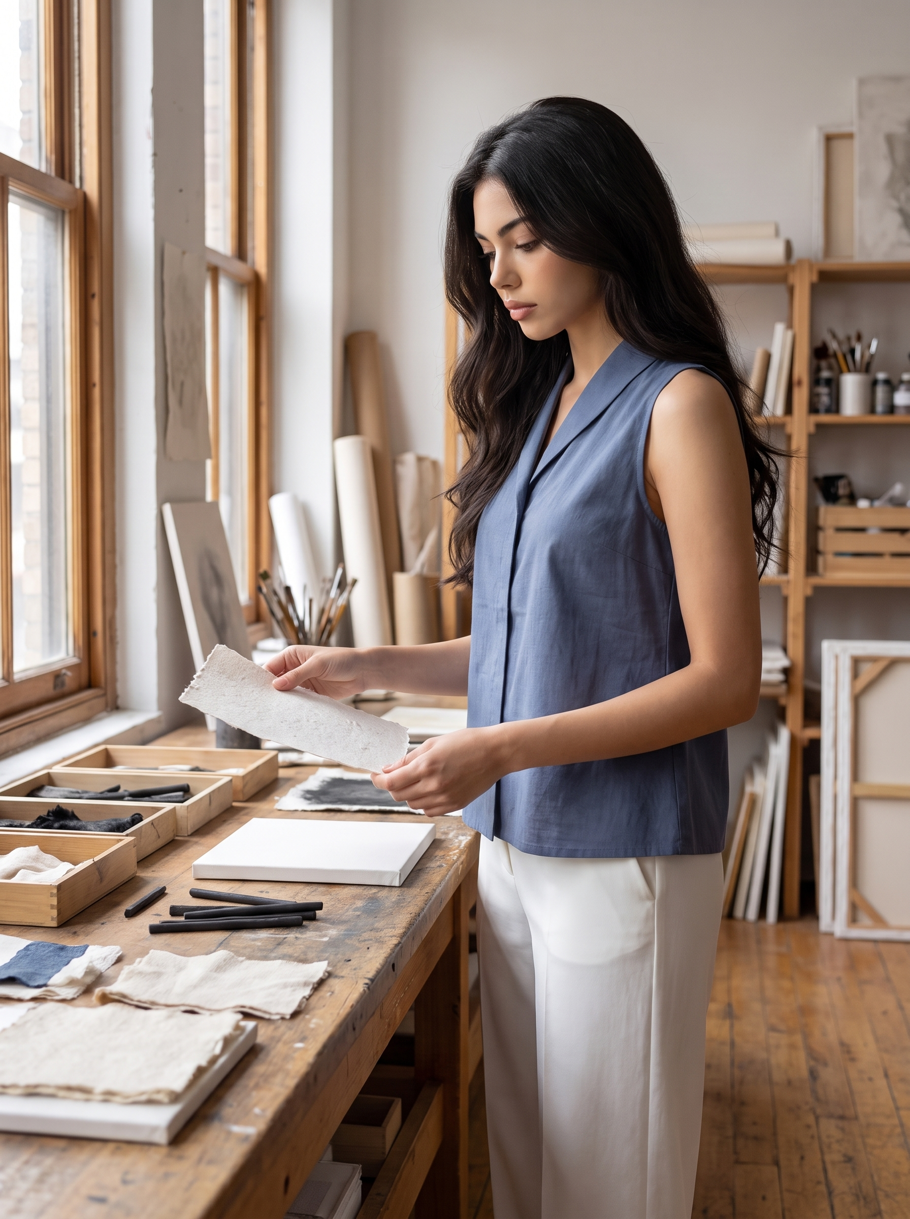 A smart dusty blue sleeveless top featuring a tailored lapel collar for a clean and contemporary look. 