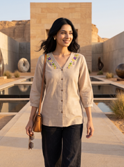 Meadow Bloom Hand-Embroidered Beige V-Neck Top