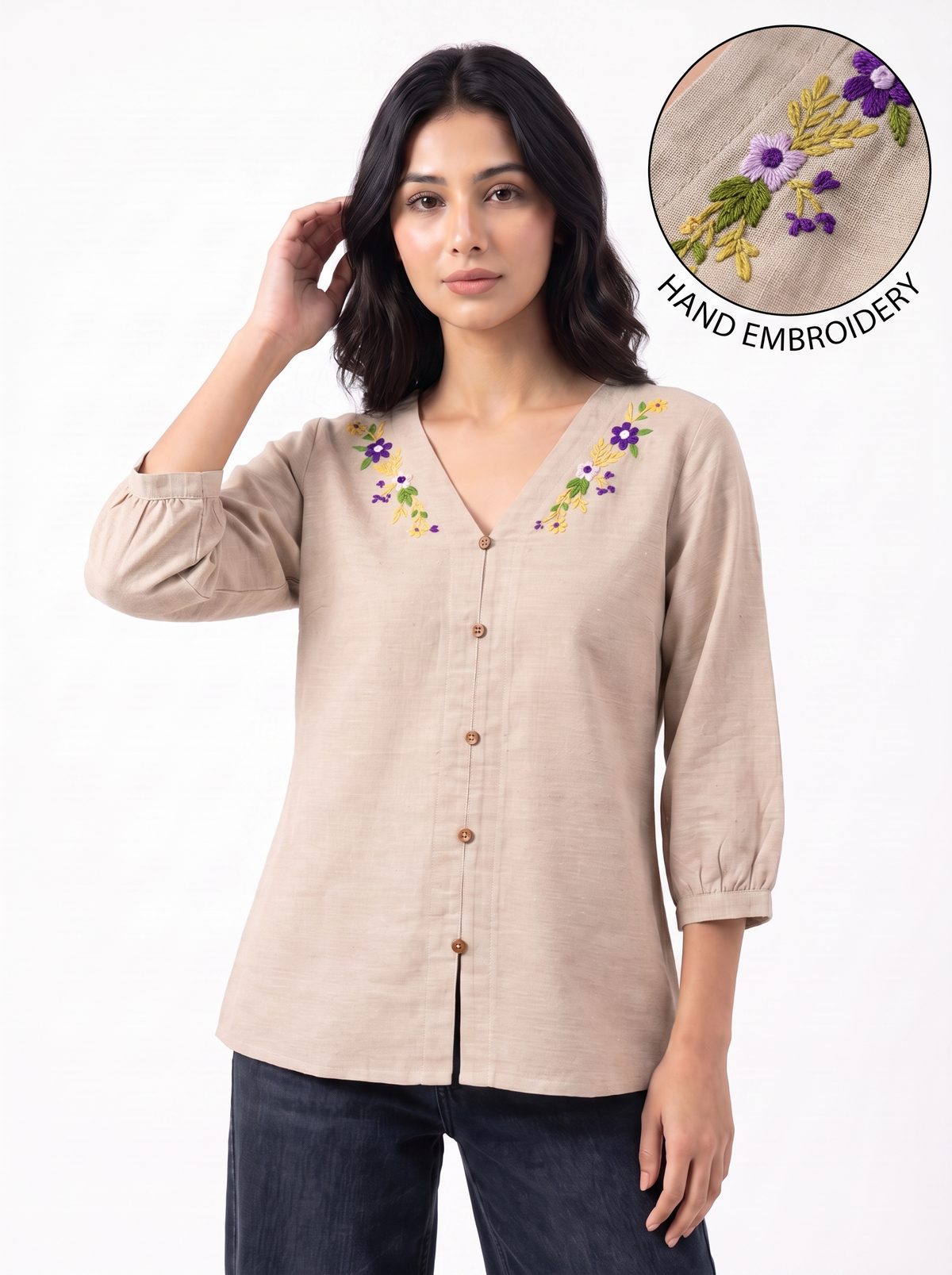 Meadow Bloom Hand-Embroidered Beige V-Neck Top