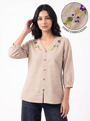 Meadow Bloom Hand-Embroidered Beige V-Neck Top