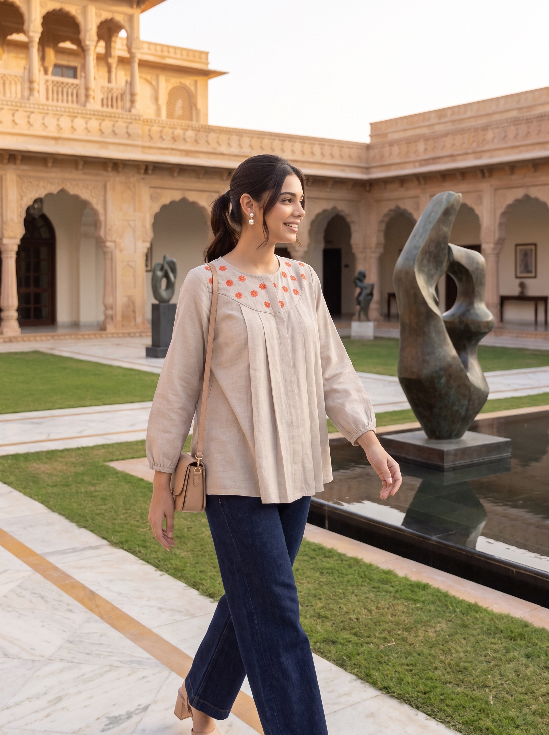 A woman walking in a courtyard wearing a beige long-sleeve blouse with orange embroidered details on the chest, paired with dark blue jeans and carrying a beige shoulder bag.